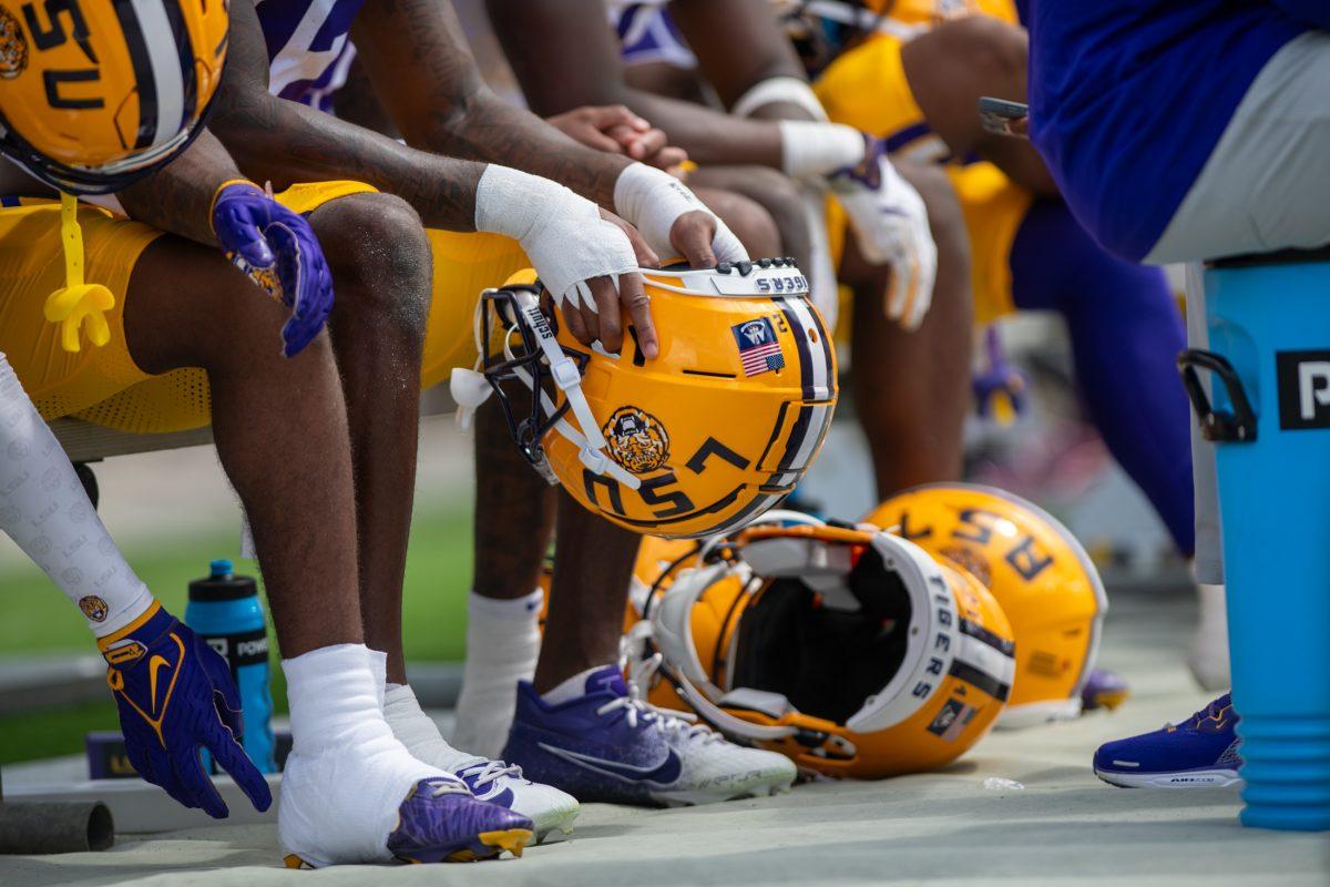 LSU football player holds his helmet&#160;Saturday, Sept. 14th, 2024, during LSU&#8217;s 36-33 win over South Carolina at Williams-Brice Stadium in Columbia, Sc.