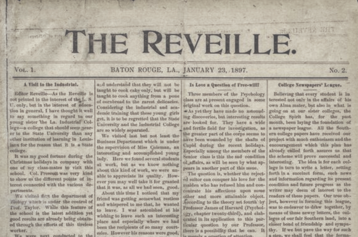 The 1897 print edition of the Reveille via the LSU Libraries Special Collections, Daily Reveille newspaper collection.&#160;