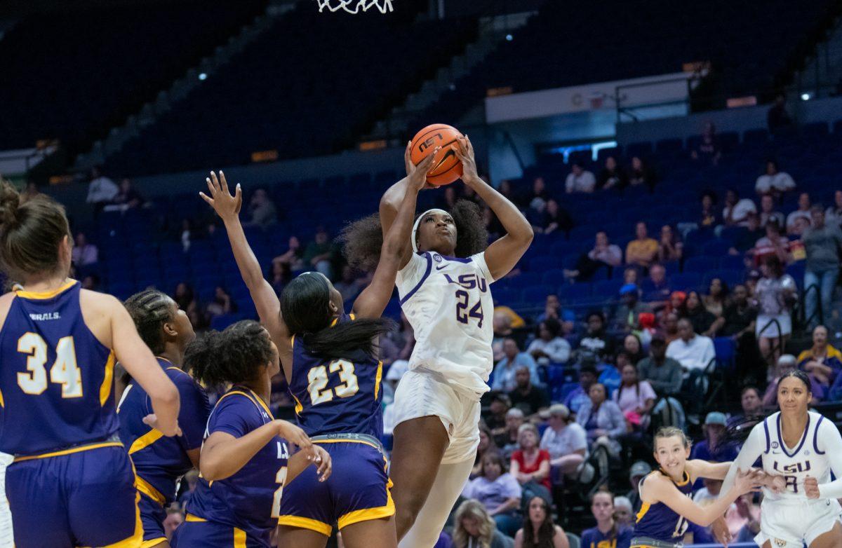 LSU women's basketball senior forward Aneesah Morrow (24) shoots the ball during LSU's 117-37 exhibition win against LSU-Alexandria on Wednesday, Oct. 30, 2024, in the Pete Maravich Assembly Center in Baton Rouge, La.