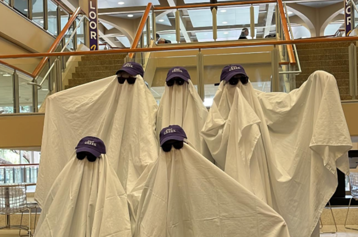 The ghosts of Greek Life costume at Student Government's second annual haunted house from the Student Union's Instagram.