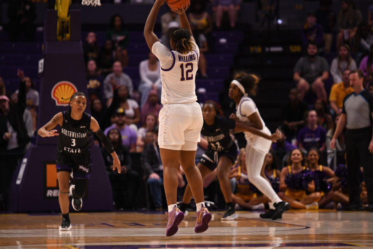 LSU women's baskatball sophomore guard Mikaylah Williams (12) shoots the ball during LSU's 36-95 win against Northwestern State on Nov 8, 2024, in the Pete Maravich Assembly Center in Baton Rouge, La.