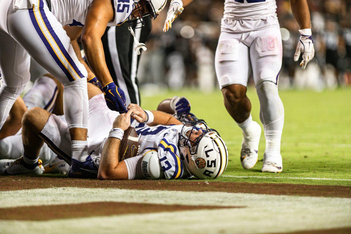 Redshirt junior quarterback Garrett Nussmeier (13) scores a touchdown towards the end of the game on Saturday, Oct. 26, 2024, during LSU's 23-38 loss against Texas A&amp;M at Kyle Field in College Station, Texas. 