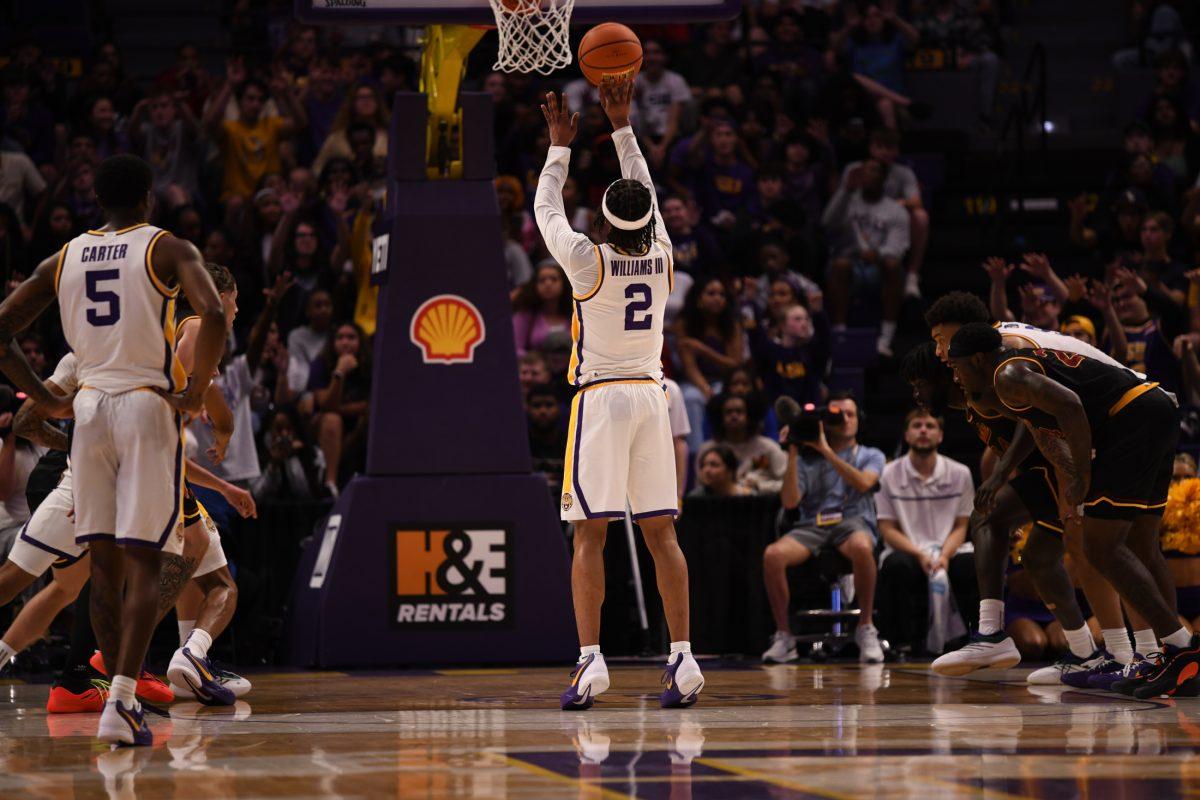 LSU men's basketball sophomore guard Mike Williams III (2) scores a free throw after a foul is called on ULM during LSU's season opening 95-60 win against University of Louisiana at Monroe on Wednesday, Nov. 6, 2024, in the Pete Maravich Assembly Center in Baton Rouge, La.