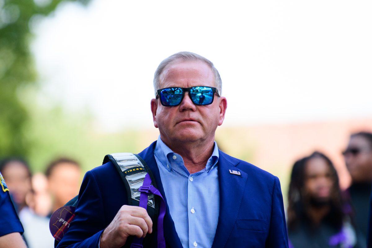 LSU football head coach Brian Kelly looks down Victory Hill on Saturday, Oct. 21, 2023, before LSU's 62-0 victory against Army in Tiger Stadium in Baton Rouge, La.