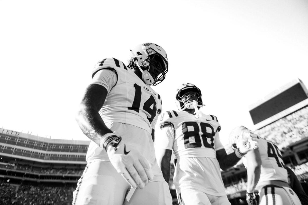 LSU football freshman tight end&#160;Trey'Dez Green (14) and&#160;sophomore tight end Ka'Morreun Pimpton (88) standing side by side during warmups before&#160;LSU's 16-27 loss against the University of Florida on Saturday, Nov. 16, 2024, at Ben Hill Griffin Stadium in Gainesville, Fl.&#160;