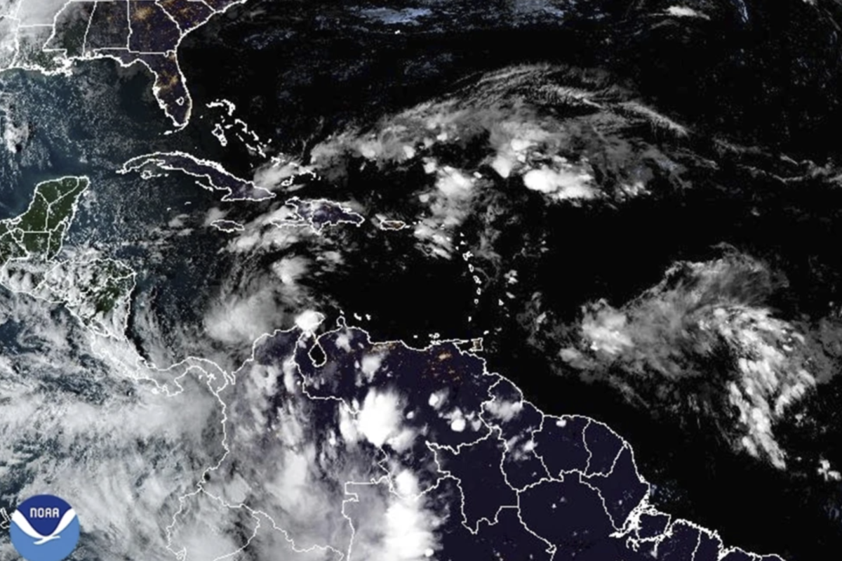 This satellite image provided by NOAA shows weather systems Sunday, Nov. 3, 2024. (NOAA via AP)&#160;