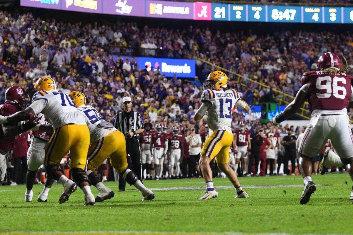 LSU football junior quarterback Garrett Nussmeier (13) throws an interception on Saturday, Nov. 9, 2024, during LSU&#8217;s 42-13 loss to Alabama at Tiger Stadium in Baton Rouge, La.