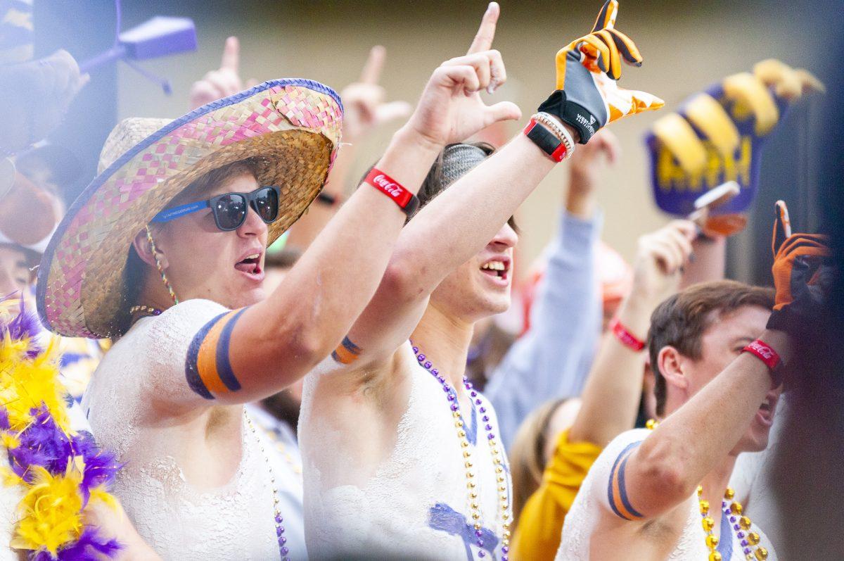 LSU Tiger fans watch as ESPN produces College Gameday broadcast from LSU's campus on Saturday, Oct. 12, 2019.