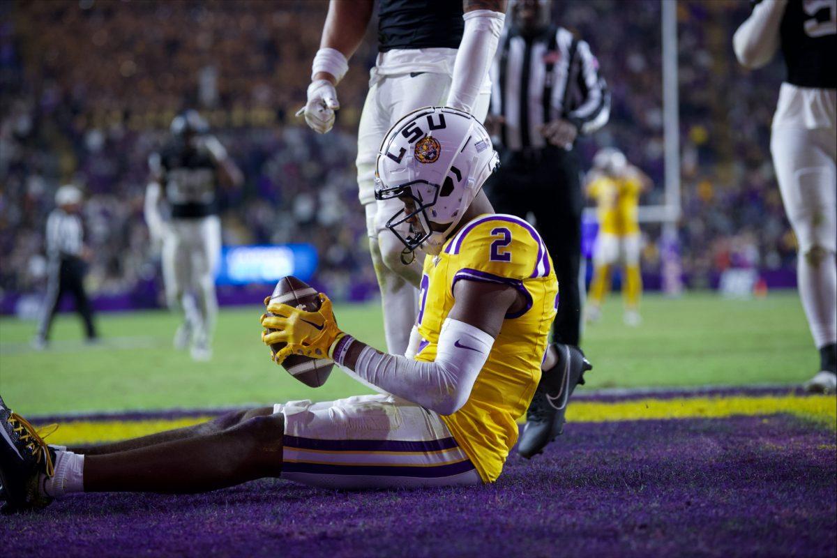 LSU football 5th-year-senior wide receiver Kyren Lacy (2) looks at the football after failing to catch a pass Saturday, Nov. 24, 2024, during LSU&#8217;s 24-17 win against Vanderbilt at Tiger Stadium in Baton Rouge, La.