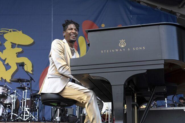 <span>Jon Batiste performs during the New Orleans Jazz & Heritage Festival on Friday, April 26, 2024, at the Fair Grounds Race Course in New Orleans.</span>