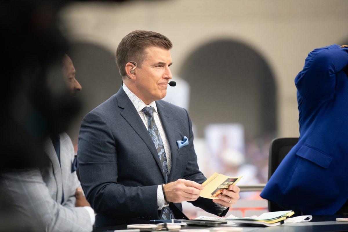 Rece Davis commentates during ESPN College GameDay, Saturday, Nov. 9, 2024, in the Quad on LSU Campus in Baton Rouge, La.