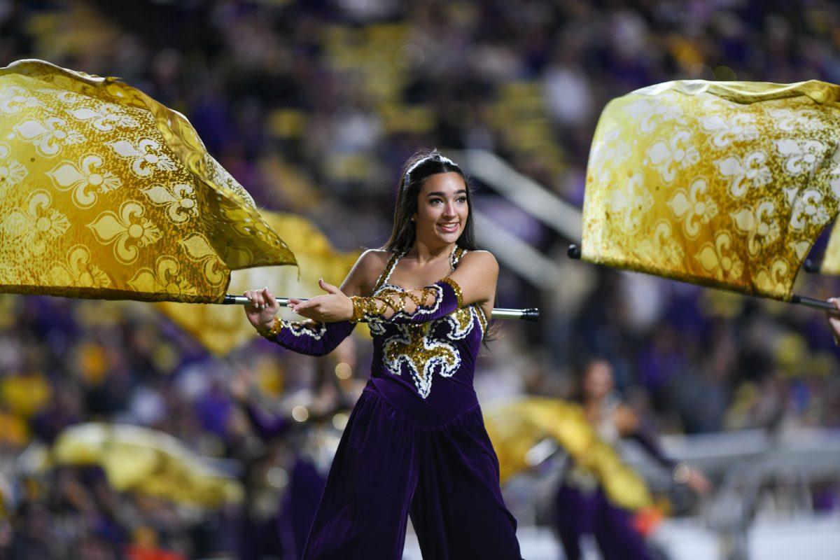 LSU Colorguard and band performs during the halftime of LSU's 17-24 win against Vanderbilt on Nov 23, 2024, in Tiger Stadium in Baton Rouge, La.