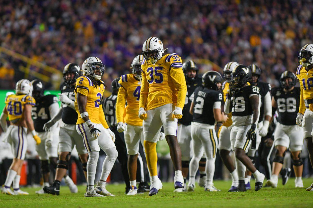 LSU football senior defensive end Sai'vion Jones (35) celebrates his successful block against Vanderbilt on Nov. 23, 2024 in Tiger Stadium in Baton Rouge, La.