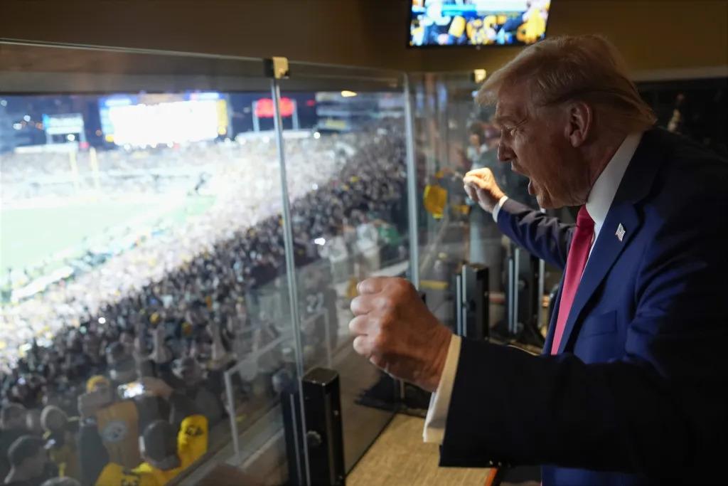 Republican presidential nominee former President Donald Trump attends the New York Jets football game against the Pittsburgh Steelers at Acrisure Stadium, Sunday, Oct. 20, 2024, in Pittsburgh.