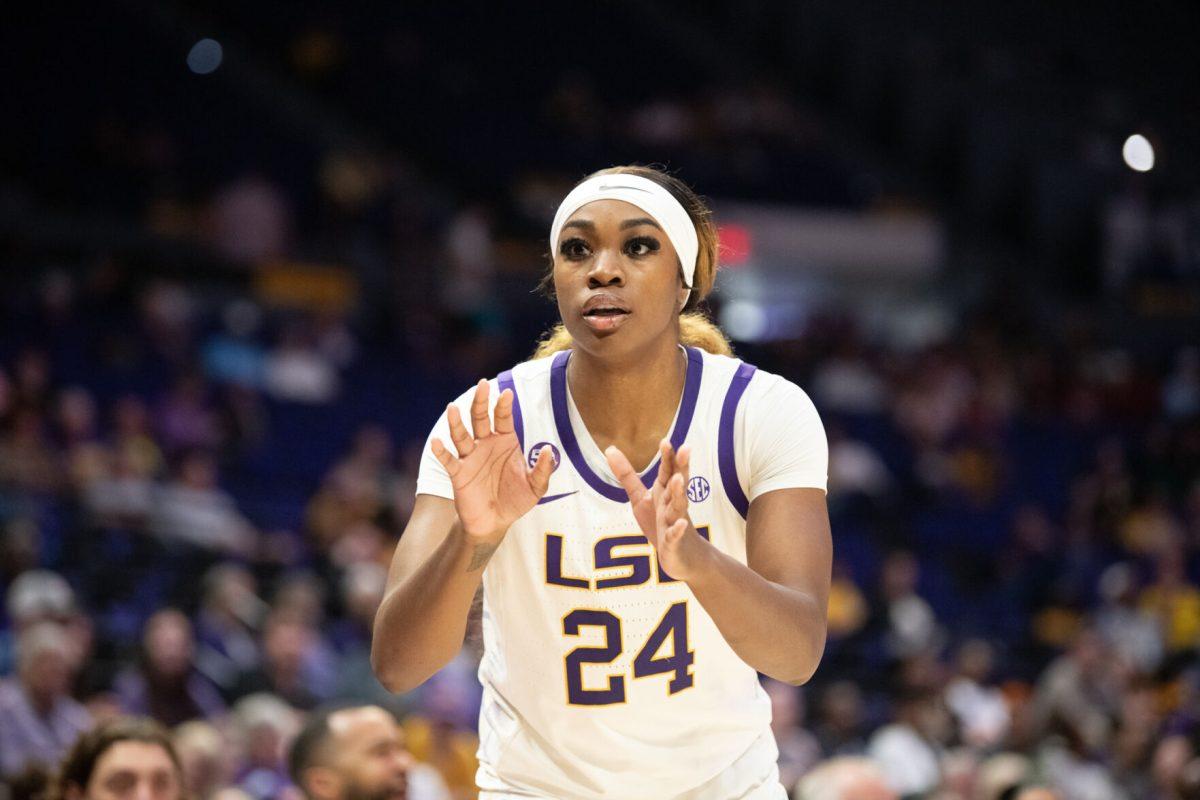 LSU women’s basketball senior forward Aneesah Morrow (24) awaits a pass during LSU's 98-59 win against Troy on Monday, Nov. 18, 2024, in the Pete Maravich Assembly Center in Baton Rouge, La.