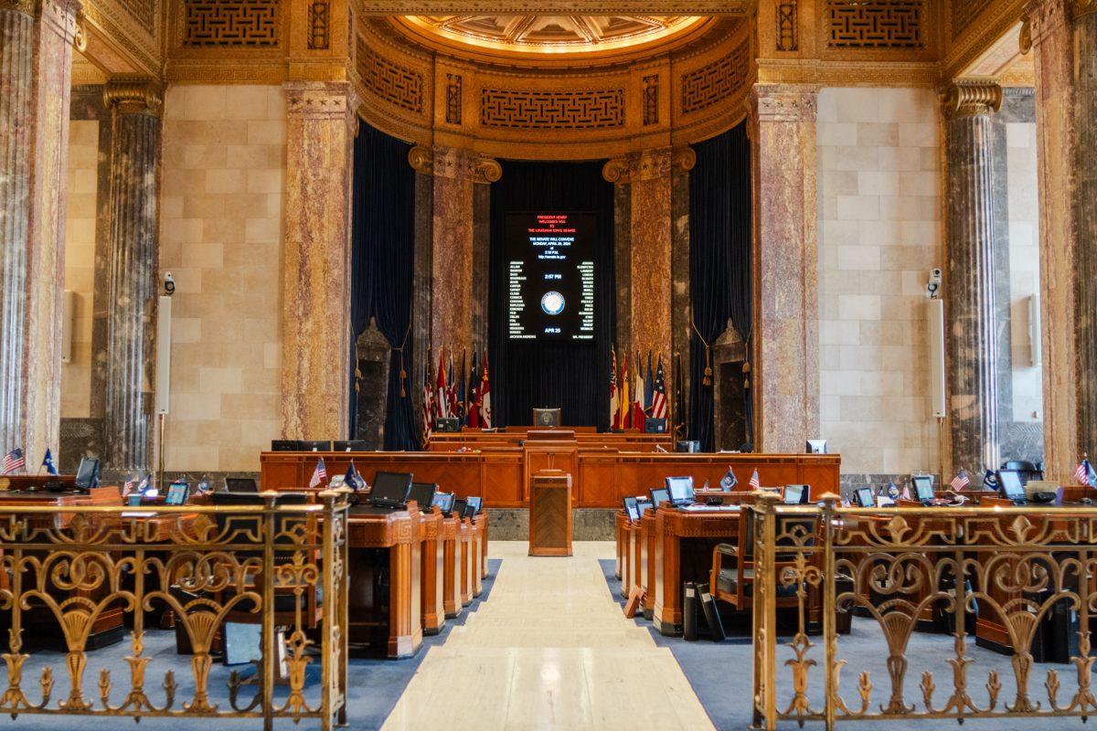 The Senate chamber sits empty Thursday, April 25, 2024, at the Louisiana State Capitol in Baton Rouge, La.