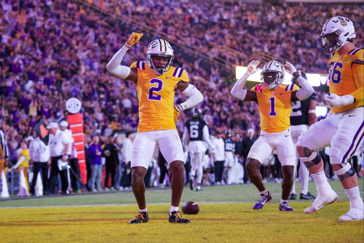 LSU football 5th-year-senior wide receiver Kyren Lacy (2) celebrates after a touchdown Saturday, Nov. 24, 2024, during LSU&#8217;s 24-17 win against Vanderbilt at Tiger Stadium in Baton Rouge, La.