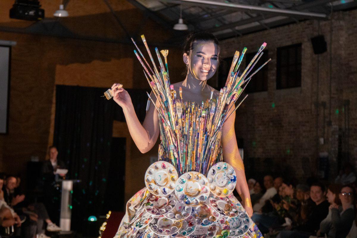 A model wears an outfit made by LSU freshman art student Madison Lumpkin Tuesday, Dec. 3, 2024, at the Barnes Ogden Art and Design Building in Baton Rouge, La.