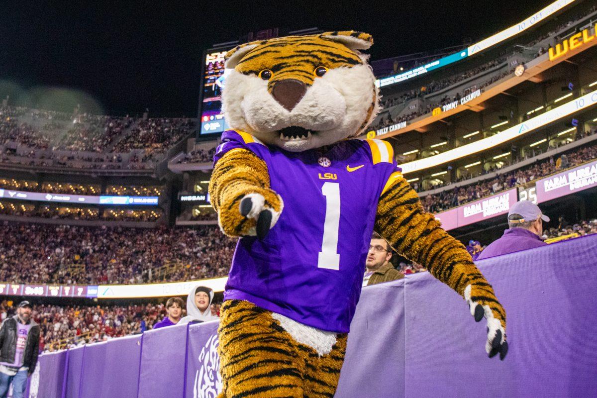 LSU mascot Mike the Tiger points Saturday, Nov. 30, 2024, during LSU's 37-17 win over Oklahoma at Tiger Stadium in Baton Rouge, La.