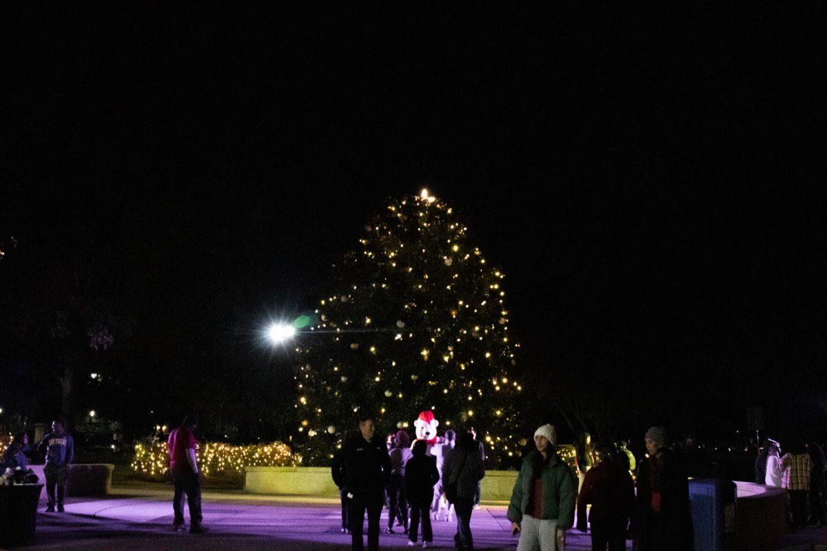 The Christmas tree stands lit Tuesday, Dec. 3, 2024, outside the LSU Student Union in Baton Rouge, La.