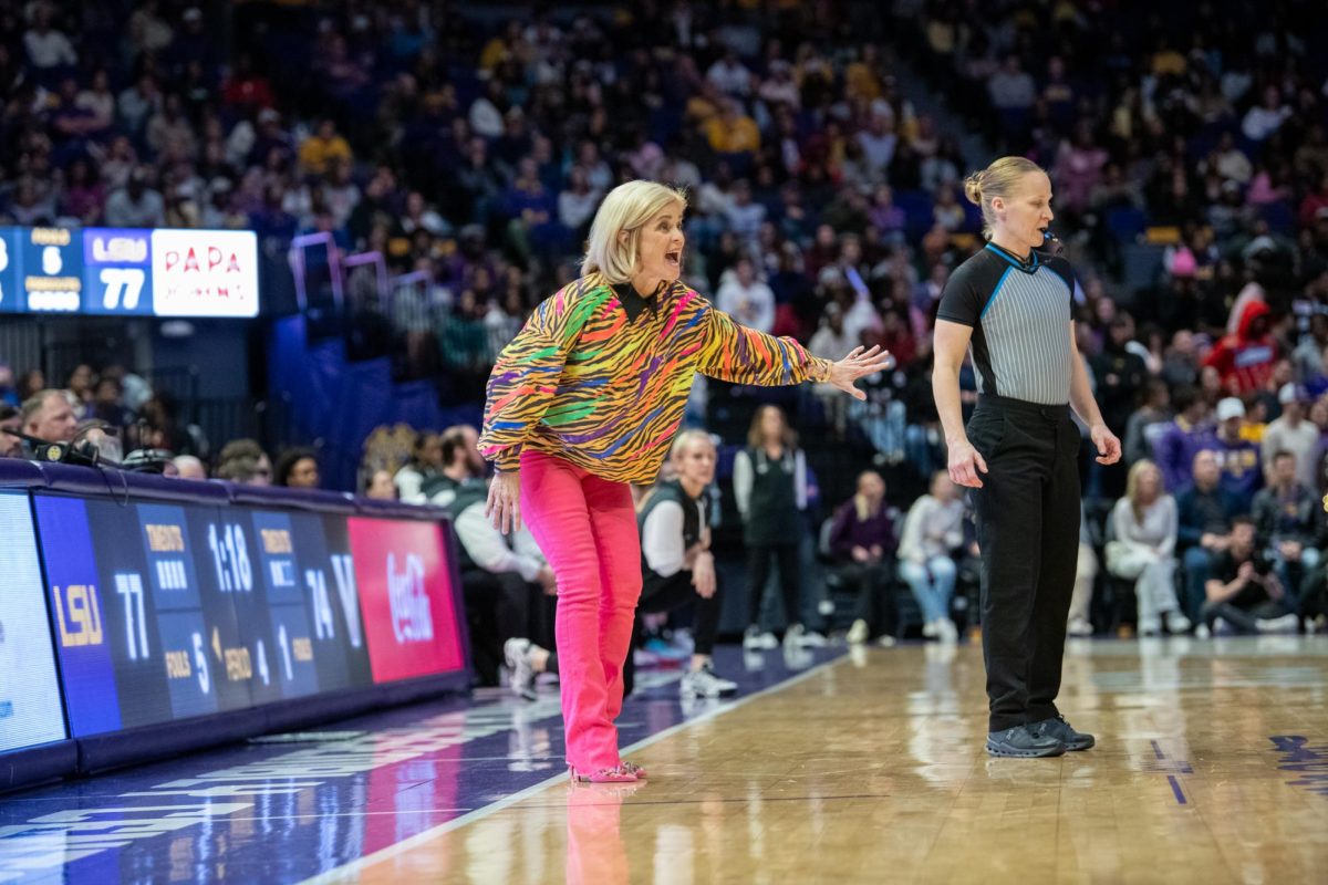 LSU women's basketball head coach Kim Mulkey yells at a referee during LSU's 83-77 win against Vanderbilt on Monday, Jan. 13, 2025, in the Pete Maravich Assembly Center in Baton Rouge, La.