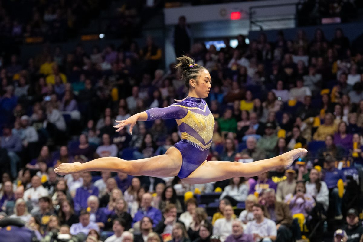 LSU gymnastics all-around Aleah Finnegan performs on the floor durinig LSU's 197.550-197.450 win against the Florida Gators on Friday, January 17, 2025 in the Pete Maravich Assembly Center in Baton Rouge, La.