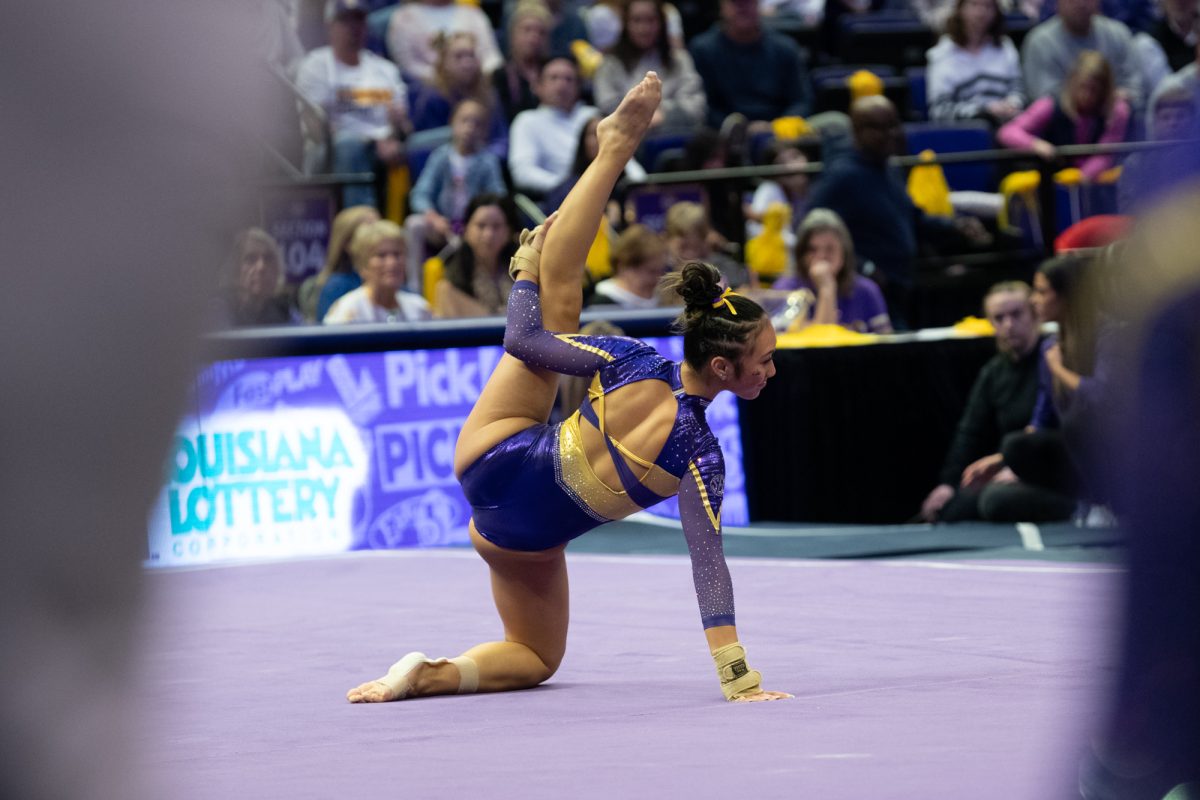 LSU gymnastics all-around Kailin Chio performs her floor routine durinig LSU's 197.550-197.450 win against the Florida Gators on Friday, January 17, 2025 in the Pete Maravich Assembly Center in Baton Rouge, La.