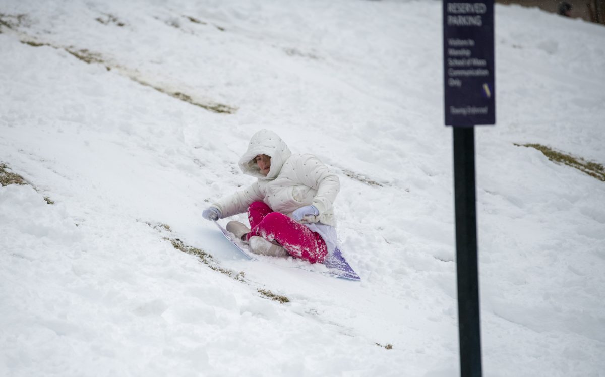 LSU students sled down the back of the Journalism Building on Tuesday, Jan. 21, 2025, on LSU campus in Baton Rouge, La.