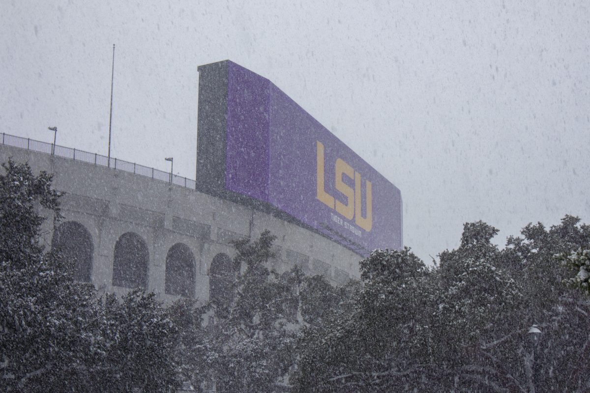 LSU Tiger Stadium sits in the snow Tuesday, Jan. 21, 2025 in Baton Rouge, La.