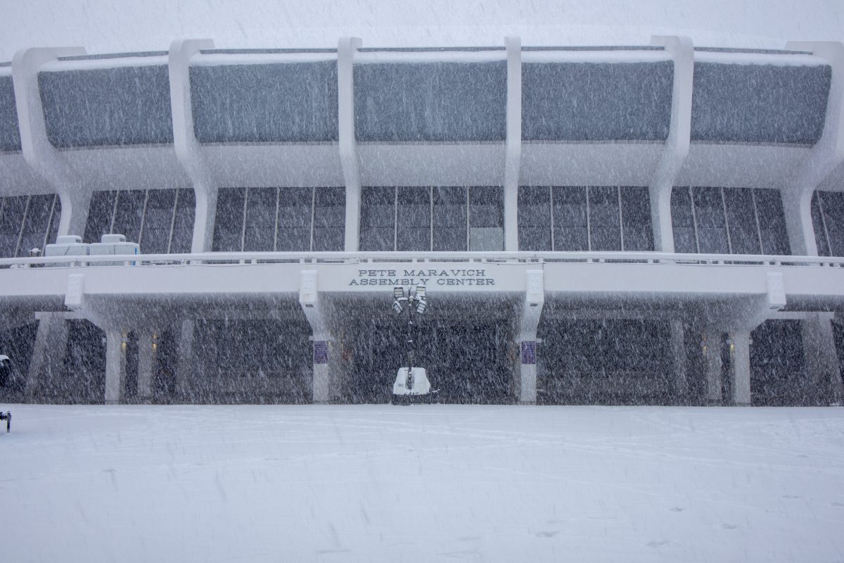 LSU Pete Maravich Assembly Center sits in the snow Tuesday, Jan. 21, 2025 in Baton Rouge, La.