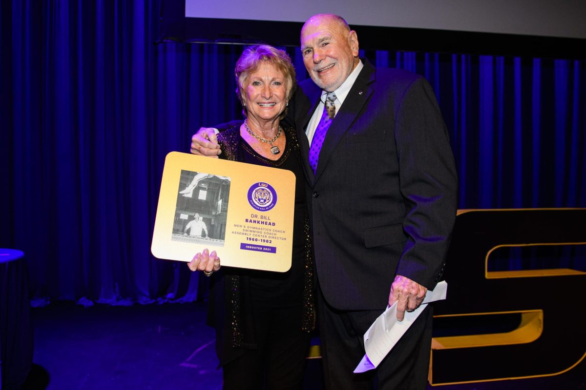 Photo courtesy of LSU Athletics: Dr. Bill Bankhead (right) is pictured with former LSU Gymnastics coach D-D Breaux at Bankhead’s LSU Athletics Hall of Fame Induction on November 12, 2021, in Baton Rouge.