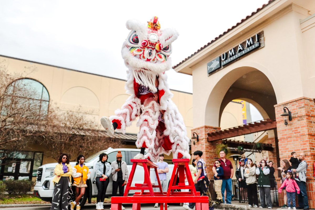 Lion dancer kicks a leg out during a performance on Sunday, January 27, 2025 at Umami Japanese Bistro along Burbank Dr in Baton Rouge, LA.