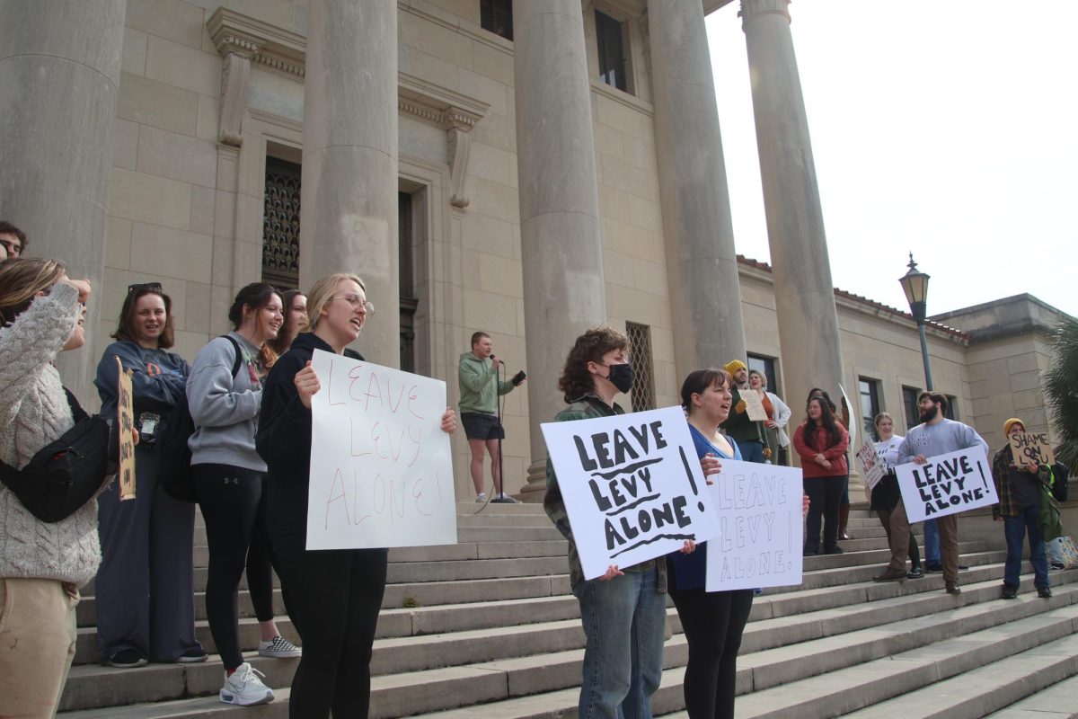 Students protest for the reinstatement of LSU law professor Levy on Tuesday, Jan. 28, 2025, on LSU’s campus in Baton Rouge, La.