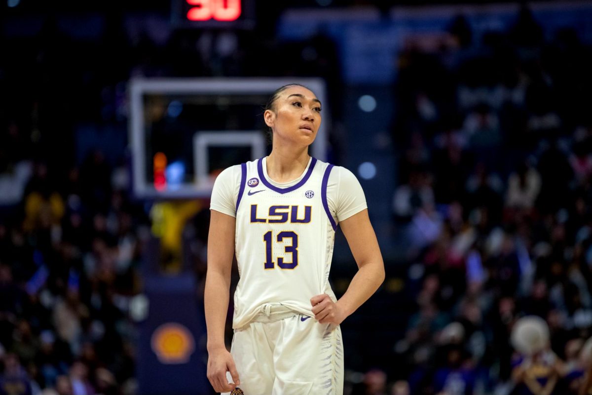 LSU women's basketball senior guard Last-Tear Poa (13) stands on the court during LSU's 83-77 win against Vanderbilt on Monday, Jan. 13, 2025, in the Pete Maravich Assembly Center in Baton Rouge, La.