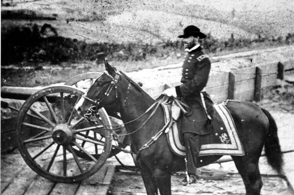 Gen. William T. Sherman inspects battlements at Atlanta in 1864 prior to his March to the Sea during the American Civil War.