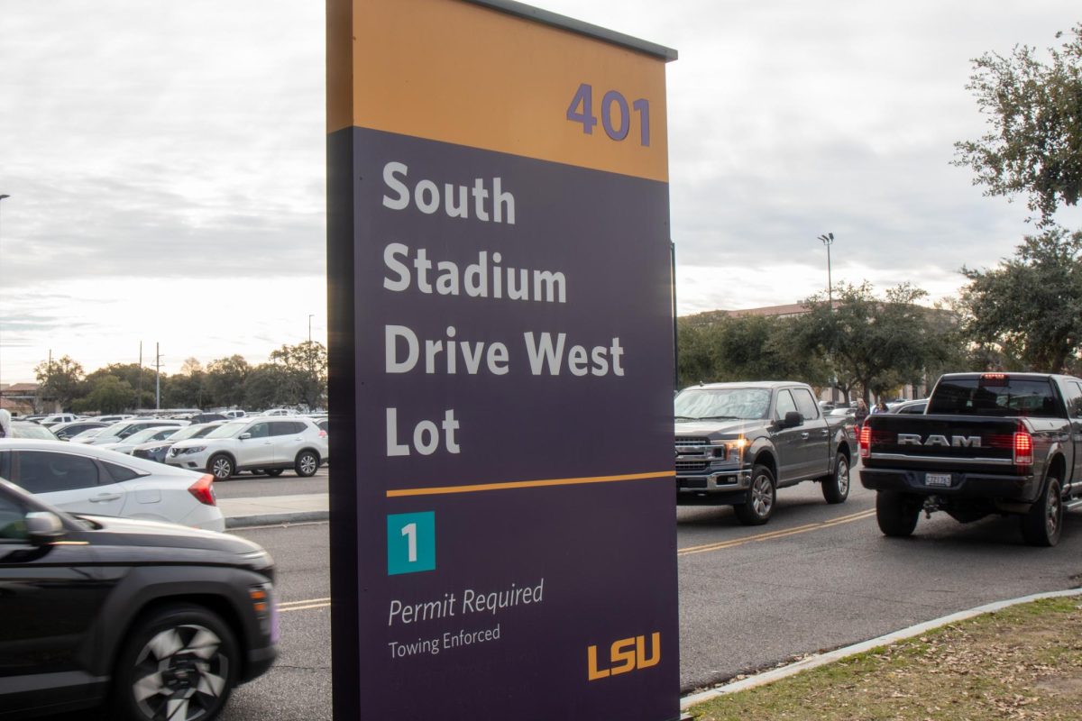 South Stadium Lot sign sits on South Stadium Drive Tuesday, Jan. 14, 2025 in Baton Rouge, La.