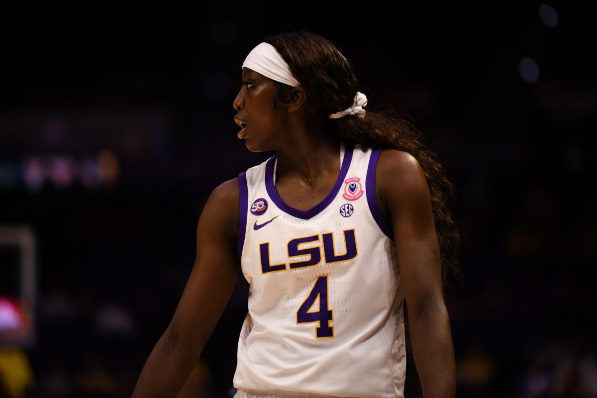 LSU women's baskatball junior guard Flau'jae Johnson (4) looks to the side during LSU's 36-95 win against Northwestern State on Nov 8, 2024, in the Pete Maravich Assembly Center in Baton Rouge, La.