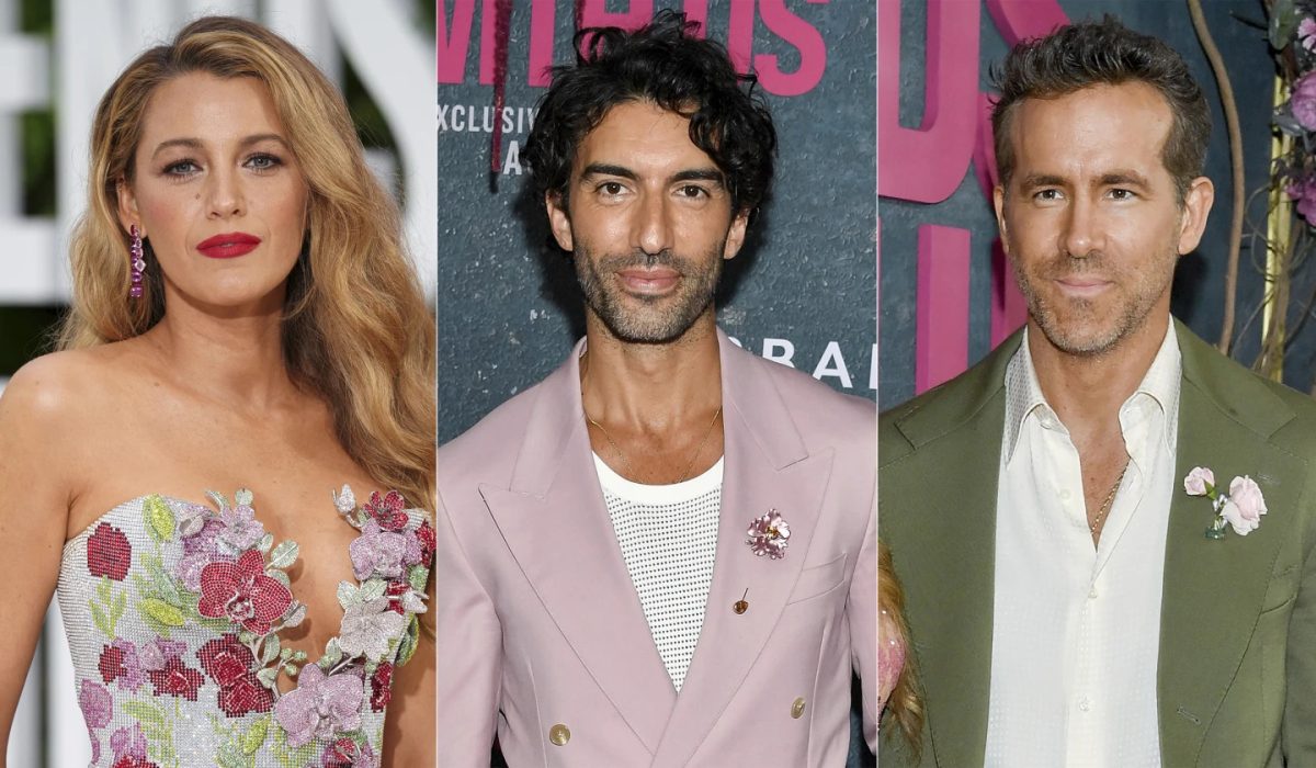 This combination of photos shows Blake Lively at the London screening of the film "It Ends With Us" on Aug. 8, 2024, left, and Justin Baldoni, center, and Ryan Reynolds in separate photos at the world premiere of the film in New York on Aug. 6, 2024.