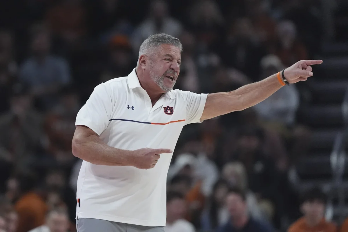 Auburn head coach Bruce Pearl reacts to a play during the first half of an NCAA college basketball game against Texas in Austin, Texas, Tuesday, Jan. 7, 2025.