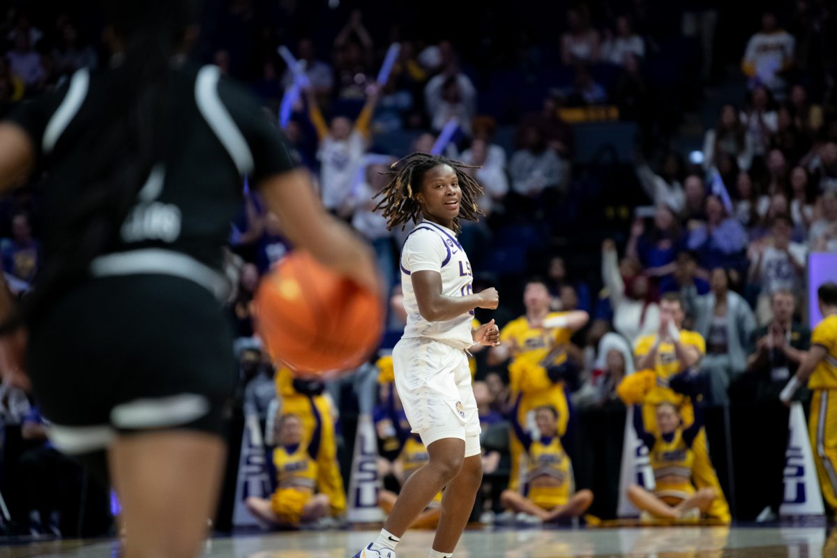 LSU women's basketball junior guard Kailyn Gilbert (16) celebrates during LSU's 81-67 win against Mississippi State on Sunday, Feb. 2, 2025, in the Pete Maravich Assembly Center in Baton Rouge, La.