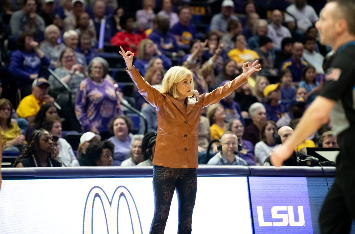 LSU women's basketball head coach Kim Mulkey celebrates after Flau’jae Johnson (4) scores a 3-pointer during LSU's 81-67 win against Mississippi State on Sunday, Feb. 2, 2025, in the Pete Maravich Assembly Center in Baton Rouge, La.