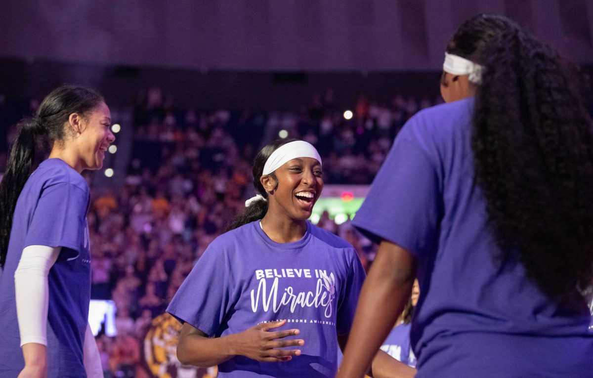 LSU women's basketball junior guard Flau’jae Johnson (4) runs out before LSU's 81-67 win against Mississippi State on Sunday, Feb. 2, 2025, in the Pete Maravich Assembly Center in Baton Rouge, La.