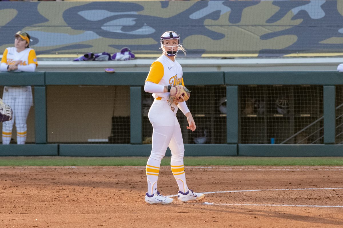 LSU softball freshman pitcher and utility Jayden Heavener (00) prepares to pitch during LSU's 8-0 mercy win against the Charlotte 49ers on Feburary 7, 2025, at Tiger Park in Baton Rouge, La.