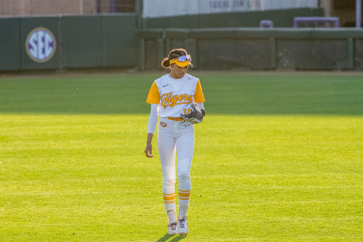 LSU softball sophomore outfielder Jadyn Laneaux (15) waits for a ball to come her way during LSU's 8-0 mercy win against the Charlotte 49ers on Feburary 7, 2025, at Tiger Park in Baton Rouge, La.