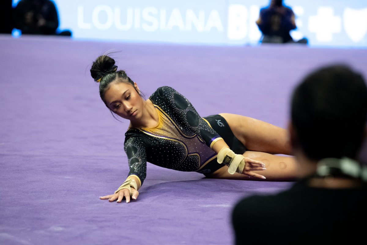 LSU gymnastics all-around freshman Kailin Chio competes on floor during LSU's 198.050-197.675 win against Oklahoma on Friday, Feb. 14, 2025, at the Pete Maravich Assembly Center in Baton Rouge, La.