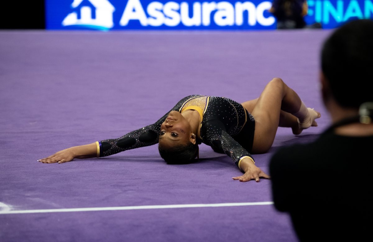 LSU gymnastics all-around freshman Kaliya Lincoln performs her floor routine during LSU's 198.050-197.675 win against Oklahoma on Friday, Feb. 14, 2025, at the Pete Maravich Assembly Center in Baton Rouge, La