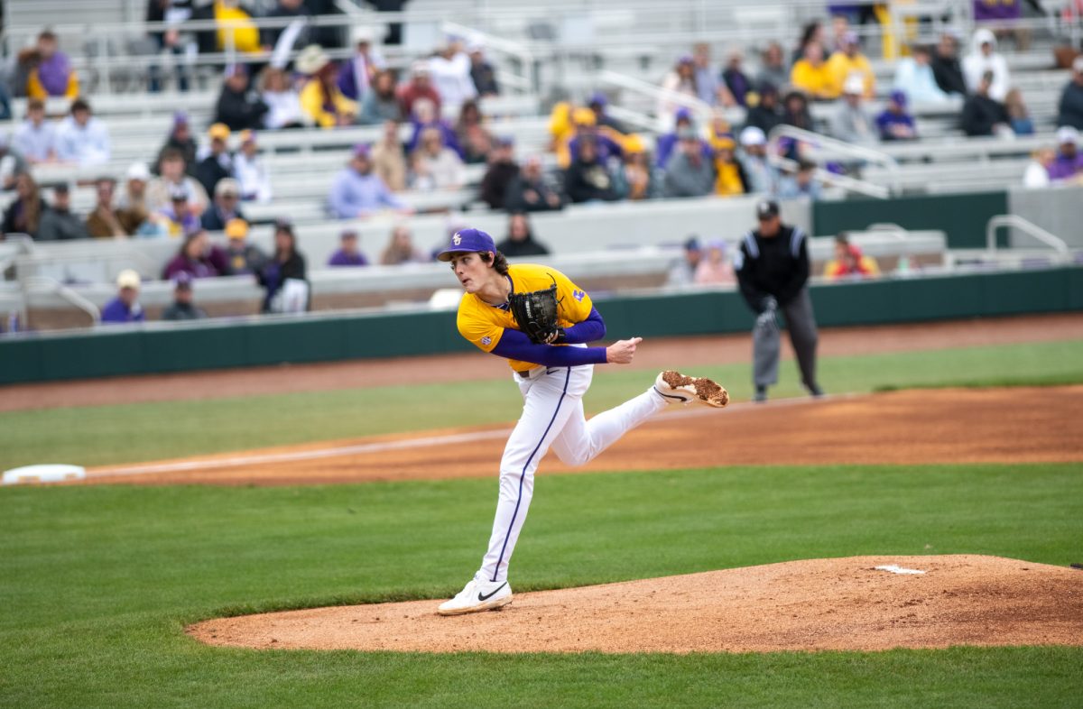 LSU baseball redshirt sophomore right-handed pitcher Chase Shores (34) pitches during LSU's 8-1 win against Purdue Fort Wayne on Sunday, Feb. 16, 2025, at Alex Box Stadium on Gourrier Avenue in Baton Rouge, La.