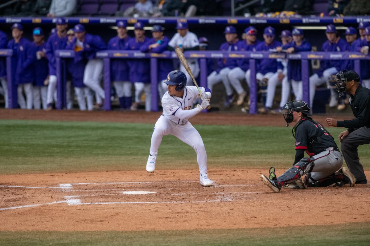 LSU baseball sophomore infielder Steven Milam (4) prepares to hit the ball during LSU's 4-2 win against Omaha on Friday, Feb 21, 2025, at Alex Box Stadium in Baton Rouge, La.