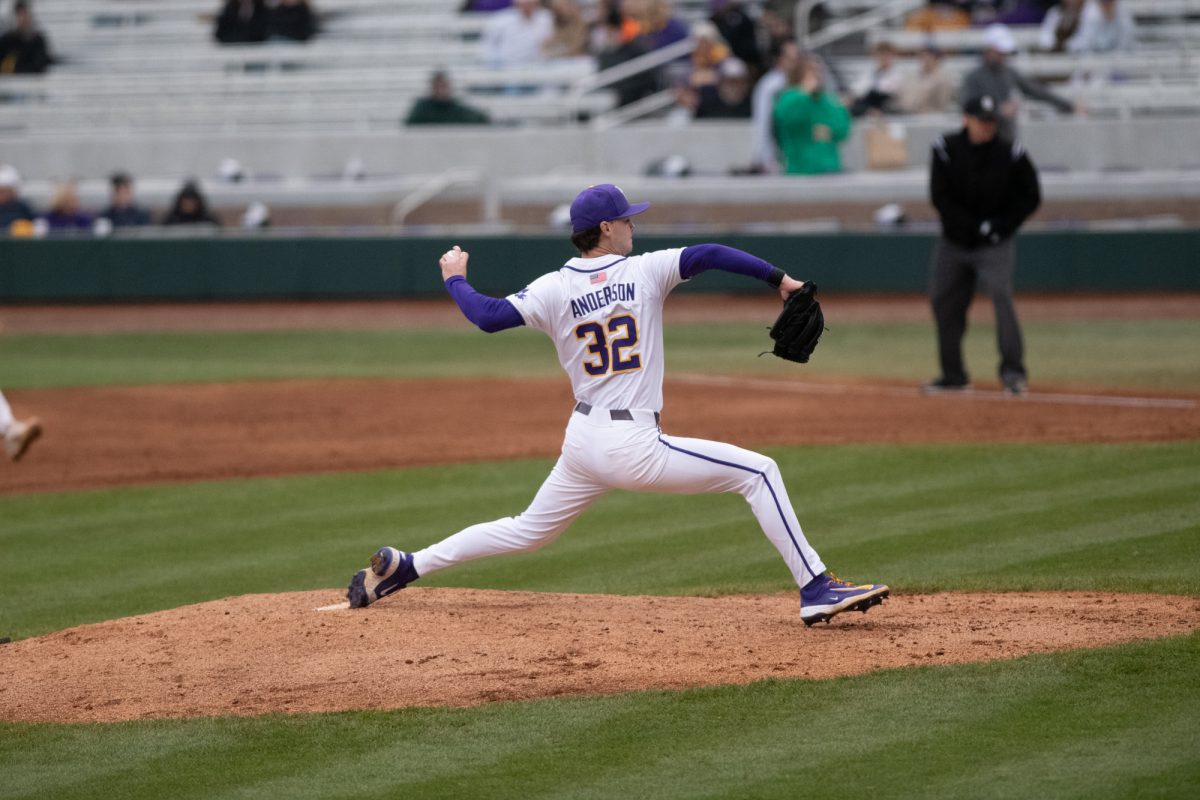 LSU baseball sophomore left-handed pitcher Kade Anderson (32) pitches the ball during LSU's 4-2 win against Omaha on Friday, Feb 21, 2025, at Alex Box Stadium in Baton Rouge, La.