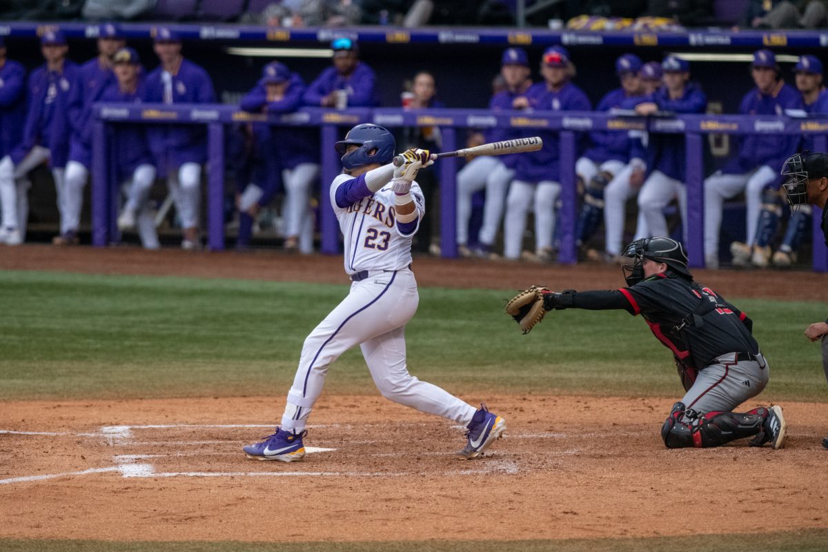 LSU baseball senior utility Luiz Hernandez (23) bats during LSU's 4-2 win against Omaha on Friday, Feb 21, 2025, at Alex Box Stadium in Baton Rouge, La.